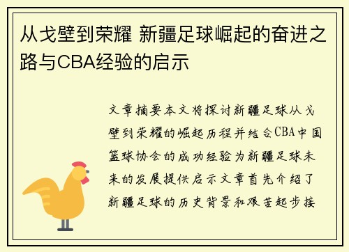 从戈壁到荣耀 新疆足球崛起的奋进之路与CBA经验的启示