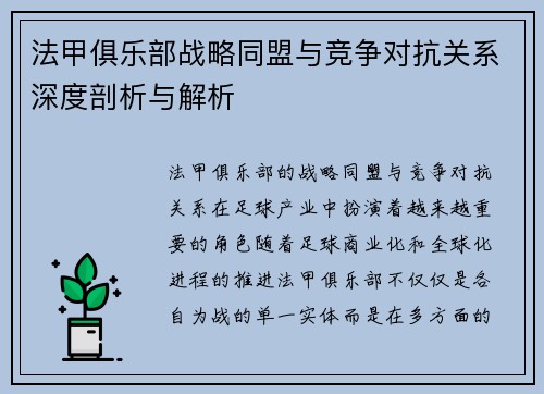 法甲俱乐部战略同盟与竞争对抗关系深度剖析与解析